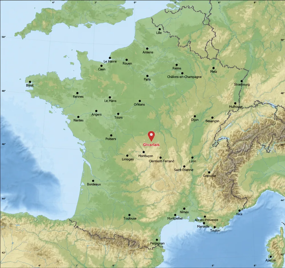 Carte de France situant Givarlais, où se trouve le gîte Lau’Livier, presque au centre du pays
