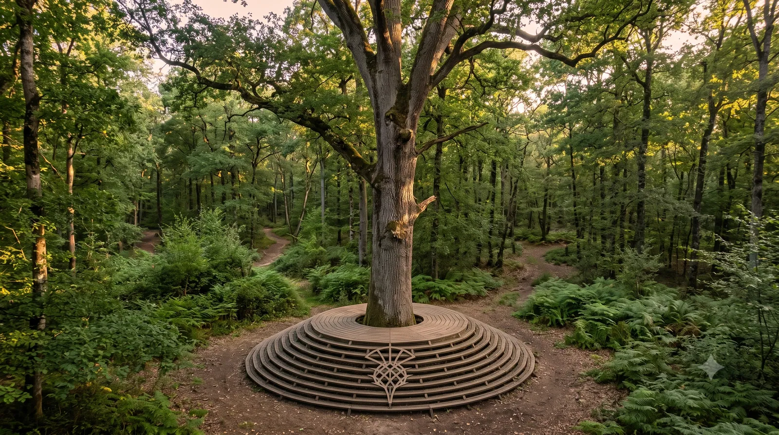 Le chêne remarquable et son banc circulaire au cœur de la forêt de Tronçais, en Allier