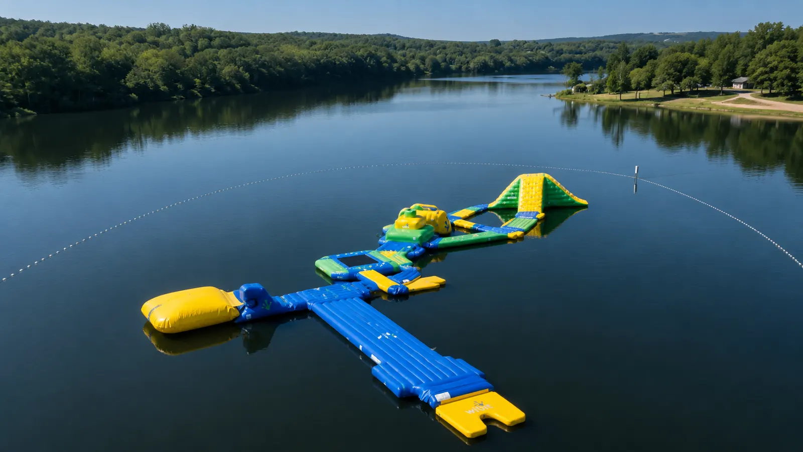 L’aquaparc gonflable de la base nautique du lac de Sidiailles, vu depuis les hauteurs