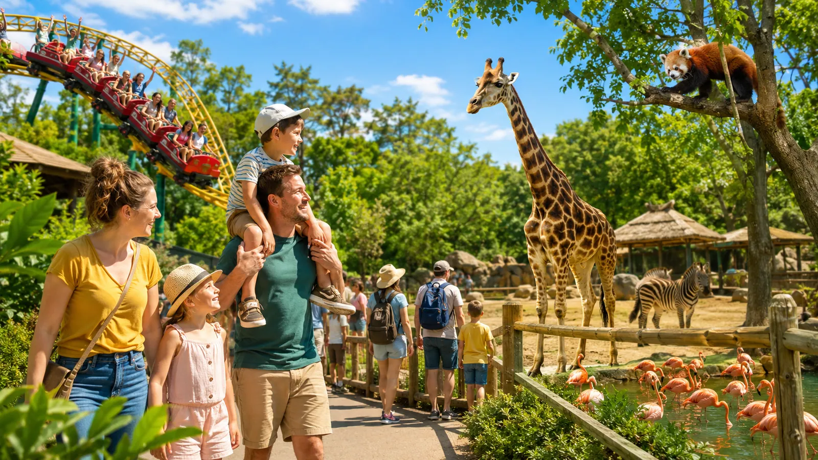 Une famille au PAL, parc d’attractions et animalier de l’Allier, entre montagnes russes et girafes, à une heure du gîte